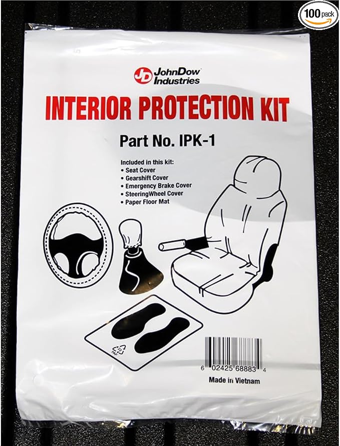 JohnDow Industries Interior Protection Kit, IPK-1, Box of 100 Kits Includes a Seat Cover, Floor Mat, Steering Wheel Cover, Gear Shift Cover, and Emergency Brake Cover