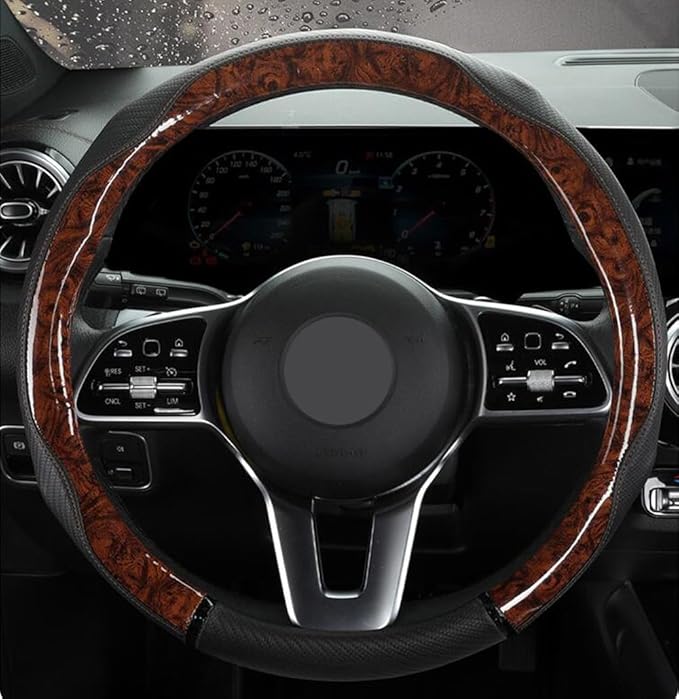 Peach Wood Grain Steering Wheel Cover Anti-Slip Breathable Durable Leather Four Seasons Universal 15 Inch Car Wrap Cover (Coffee)