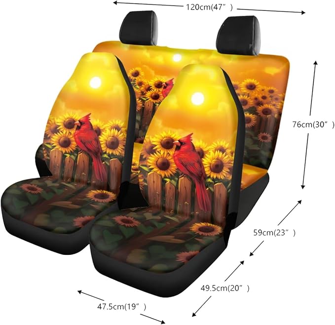 Cardinal Sunflower Print Car Seat Covers Full Set, 13 PCS Auto Accessories with Soft Steering Wheel Cover, Seat Belt Shoulder Pads, Coasters for Most Cars