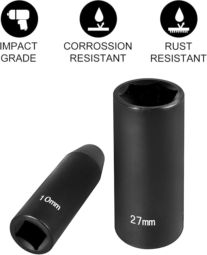 VEVOR Impact Socket Set 1/2 Inches 19 Piece, Deep Socket, 6-Point Sockets, Rugged Construction & Impact Socket Set, 26pcs x 1/2inch Metric 10mm-36mm Impact Sockets, 6-Point Deep Socket Rugged