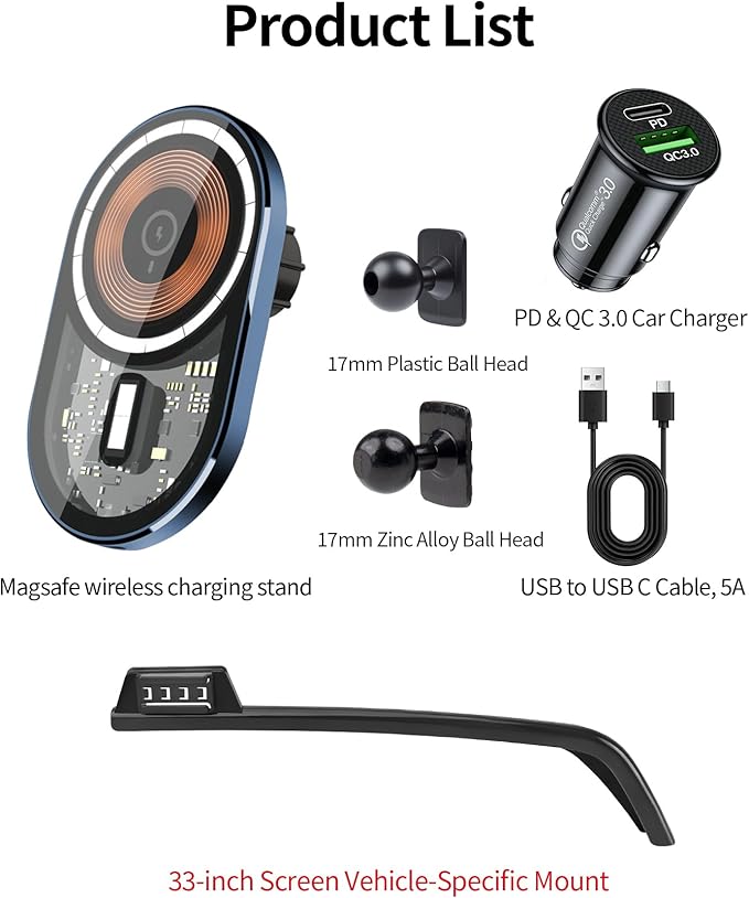 Wireless Charging Car Phone Holder for Cadillac Lyriq 2023-2025 / Optiq 2025 / XT4 2024-2025 / CT5 2025, 33" Screen Fixed Clip, 360° Rotation Car Phone Mount Compatible with MagSafe