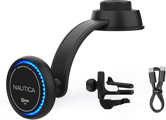Nautica Turan QMAG Air - Wireless Magnetic Car Charger 15W with Cooling Fan and Ambient Light, Includes 4ft USB C Cable, Universal Phone Mount for iPhone 17, 16, Galaxy S25, S24, Pixel 10 and More