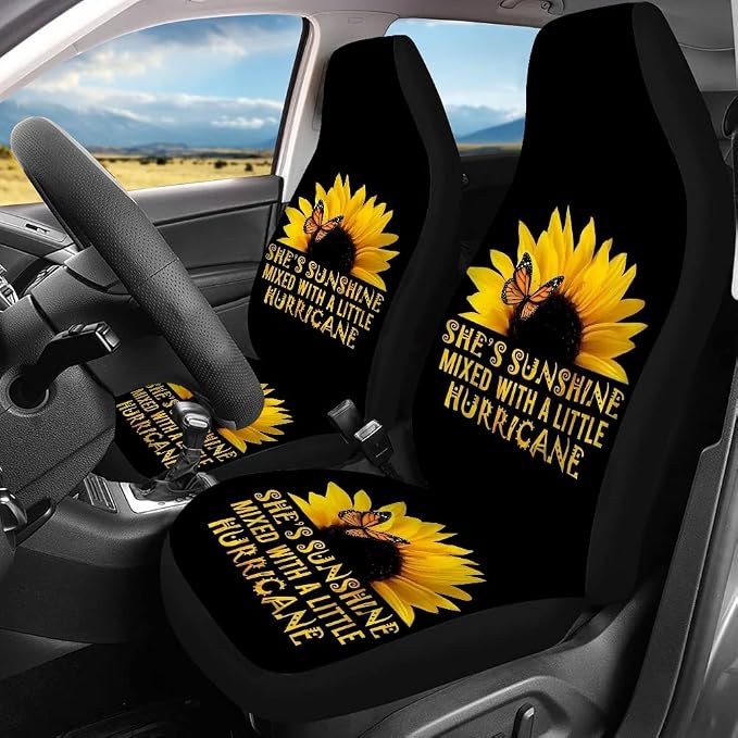 BIGCARJOB She's Sunshine Sunflower Car Seat Covers Full Set of 12 Pack Steering Wheel Cover for Women Gifts with Seat Belt Pads, Coasters,Vehicle Seat Cover,Fit Most Car SUV Van Truck
