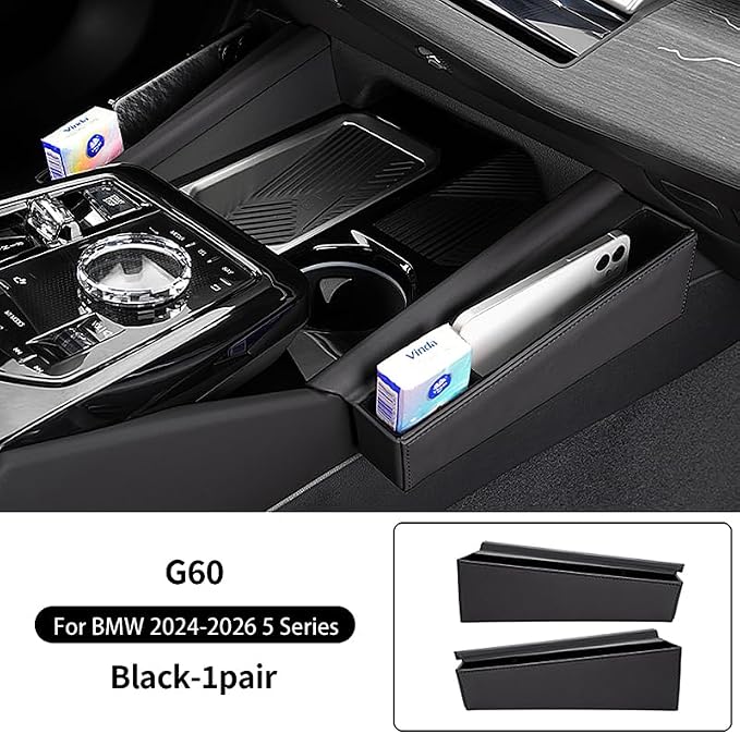 Center Console Organizer for BMW 5 Series G60 2024 2025 2026, Leather Central Control Side Storage Box Compatible with BMW 5 Series Accessories, Car Accessories Interior (2PCS Black)