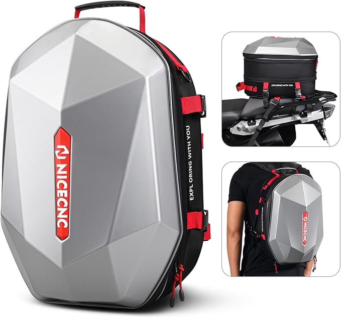 NICECNC Motorcycle ATV Helmet Backpack Hardshell, 38L Large Capacity Motorcycle ATV Rear Seat bag Tail Bag Expandable Helmet Storage Bag Travel Luggage Bag for Riding Camping Hiking, 8 Straps, Red