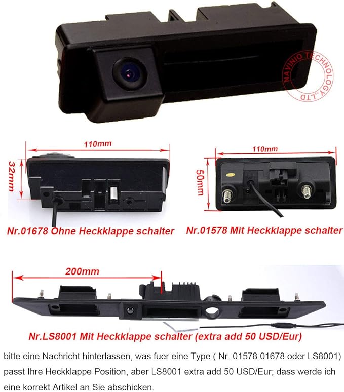 Trunk Handle Vehicle-Specific Camera Integrated into Case Handle Rear View Camera Replacement for VW Tiguan Touareg Passat Golf VI Variant Audi A4 Q3 A3 A6L A8