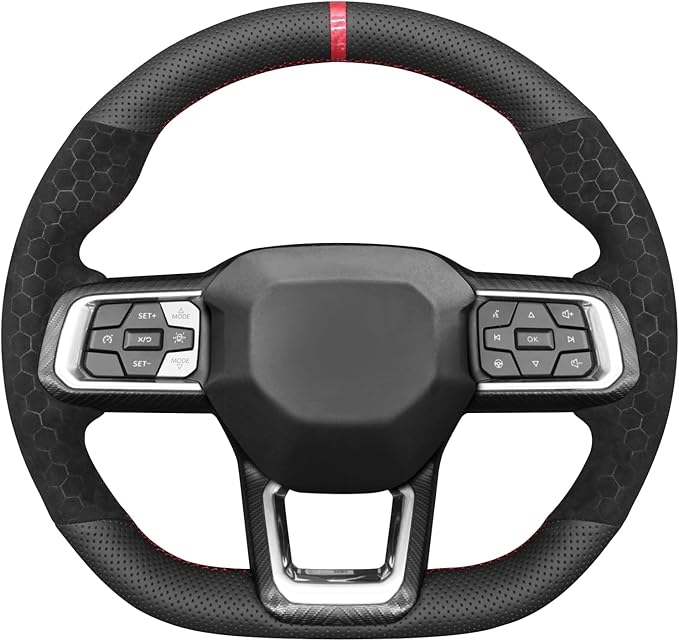 MEWANT Hand Stitch Black Faux Leather Hexagon Embossed Athsuede Steering Wheel Cover Wrap for Ford Mustang 2024