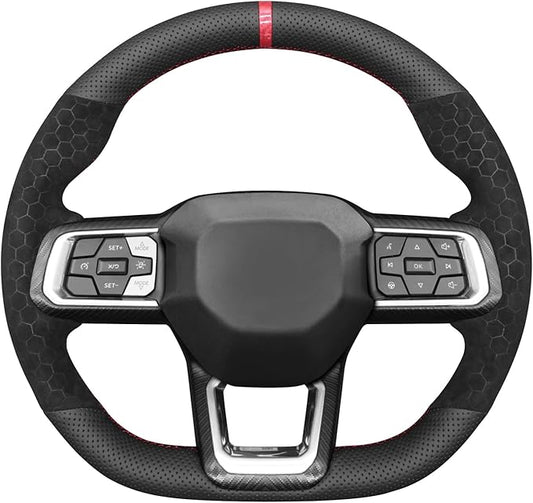 MEWANT Hand Stitch Black Faux Leather Hexagon Embossed Athsuede Steering Wheel Cover Wrap for Ford Mustang 2024