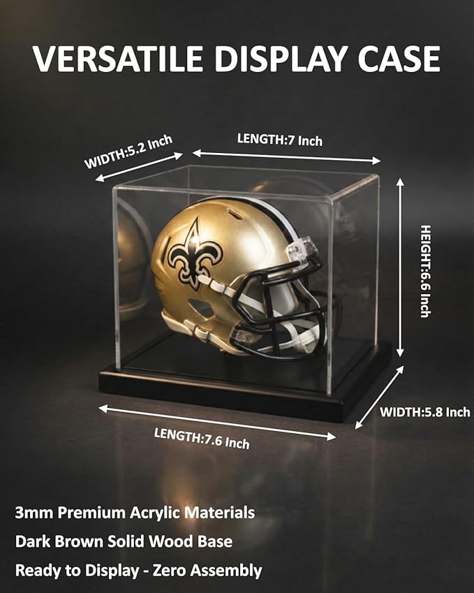 Mini Helmet Display Case with Solid Wood Base - Floating Design Clear Fully Assembled Acrylic Box for 1:2 Scale Football Helmets, Dustproof Memorabilia Showcase (Dark Walnut)