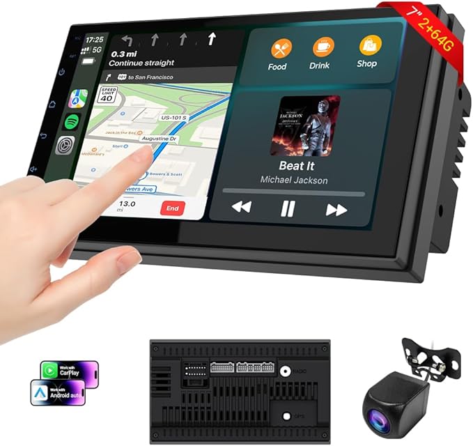Haudio Car Accessories 7" HD Double Din Car Stereo with Carplay & Android Auto, 2+64G CarAudio Receivers Featuring Voice Control, Backup Camera,Bluetooth, GPS Navigation, Built-in 14Band DSP EQ