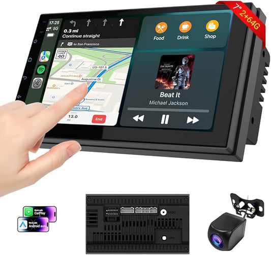 Haudio Car Accessories 7" HD Double Din Car Stereo with Carplay & Android Auto, 2+64G CarAudio Receivers Featuring Voice Control, Backup Camera,Bluetooth, GPS Navigation, Built-in 14Band DSP EQ