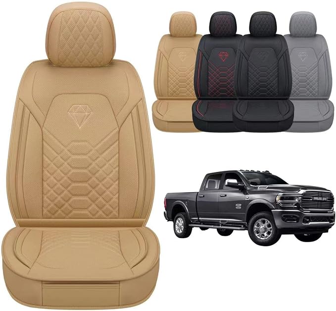 GXT Dodge RAM Front Seats Cover Fit for Select 2013-2021 Dodge RAM 1500 2500 3500 Pickup Truck, Waterproof Synthetic Leather Car Seat Cover and Cushion (Beige)