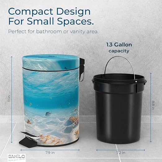 Sanilo Small Bathroom Trash Can with Lid [1.3 Gallon] - Lidded Tiny Trashcan for Garbage - Mini Metal Bin with Soft Closing Mechanism - Bath Room Accessoire Wastebin with Inner Bucket (Waterworld)