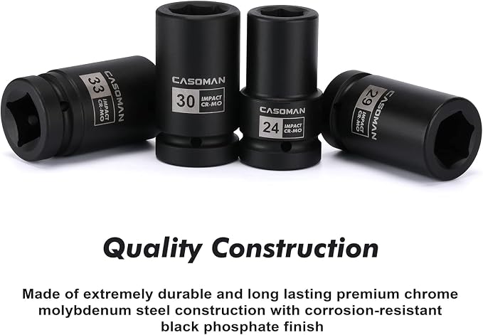 CASOMAN 10PCS 1-Inch Drive Deep Impact Socket Set, Metric, CR-MO, 21,22,24,27,29,30,32,33,38,41mm, Deep Spindle Axle Nut Impact Socket Set