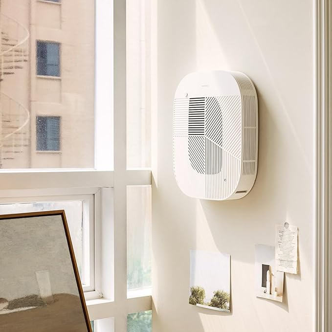 KOMMA Lov Air Purifier for Bedroom, 3.1 inch Slim Wall mount & Stylish Standing type, Hepa Filter Air Cleaner, Remove Fine Dust, Smoke. (CreamWhite with Cradle)