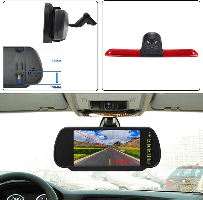 Car Third Roof Top Mount Brake Light 3 Rear View Camera Parking Safety Assistant System, HD Night Vision Waterproof for VW Crafter Caravelle/Mercedes Benz Sprinter W906 (with 7-inch Rearview Mirror)