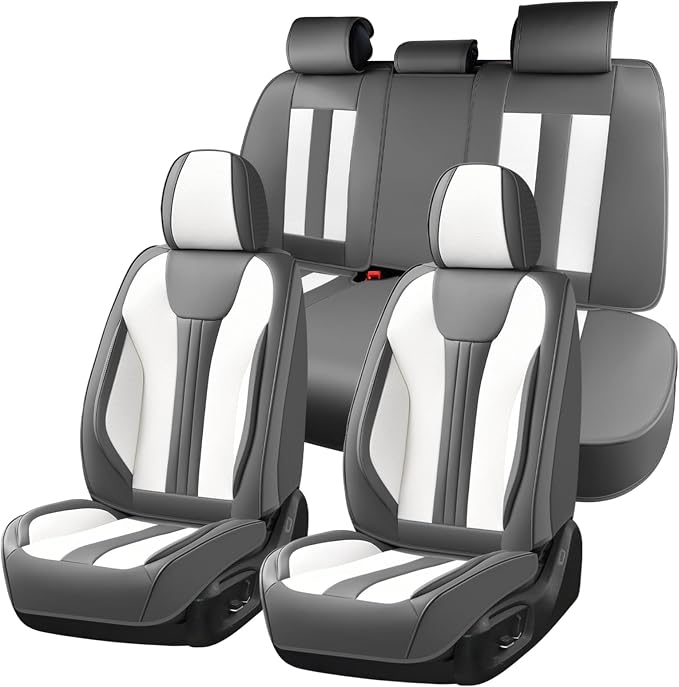 Huidasource Universal Car Seat Covers, Waterproof Faux Leather, Airbag Compatible, Easy Install, Preserve Cup Holders and Seat Functions, Great for Daily & Outdoor Use, Gray & White