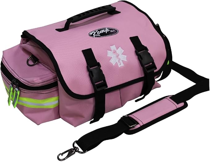 Kemp USA EMT First Responder Trauma Bag Survival Medical Gear Organizer with Reflective High Visibility Trim First Aid Kit Emergency Response Bag Pink