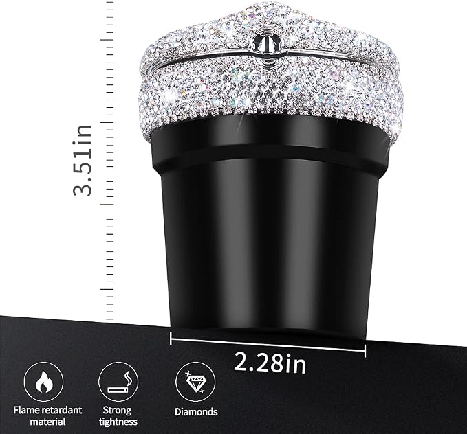 eing Car Ashtray Portable Bling Cigarette Smokeless Cylinder Cup Holder with Blue LED Light Indicator,Car Accessories for Women,Ideal for Car,Home and Office,2 - Pack Black+White