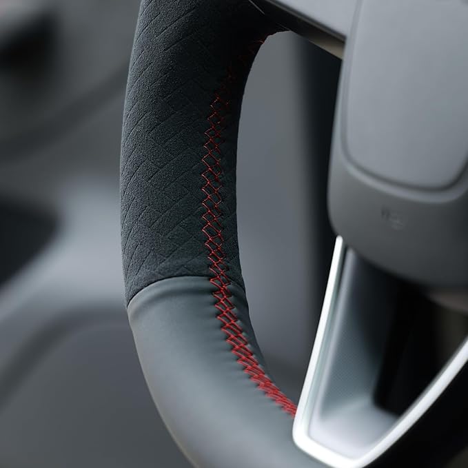 MEWANT Hand Stitch Real Leather Embossed Athsuede Steering Wheel Cover for Tesla Model 3 Highland 2025 Model Y Juniper