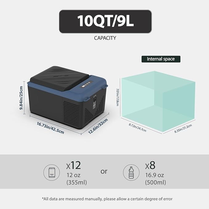 KI9 12 Volt Refrigerator,Mini Portable Freezer,10 Quart Car Cooler,12V Car Fridge,12/24V DC 100-240V AC for Camping, Travel, Truck, RV, Boat -4℉~68℉