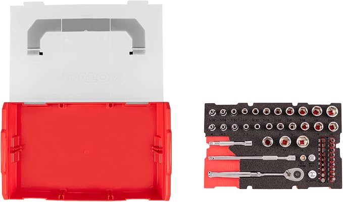 TEKTON 1/4 Inch Drive 6-Point Socket, Bit, and Ratchet Set with Mini Stacking Tool Box (49-Piece) | SKT06300