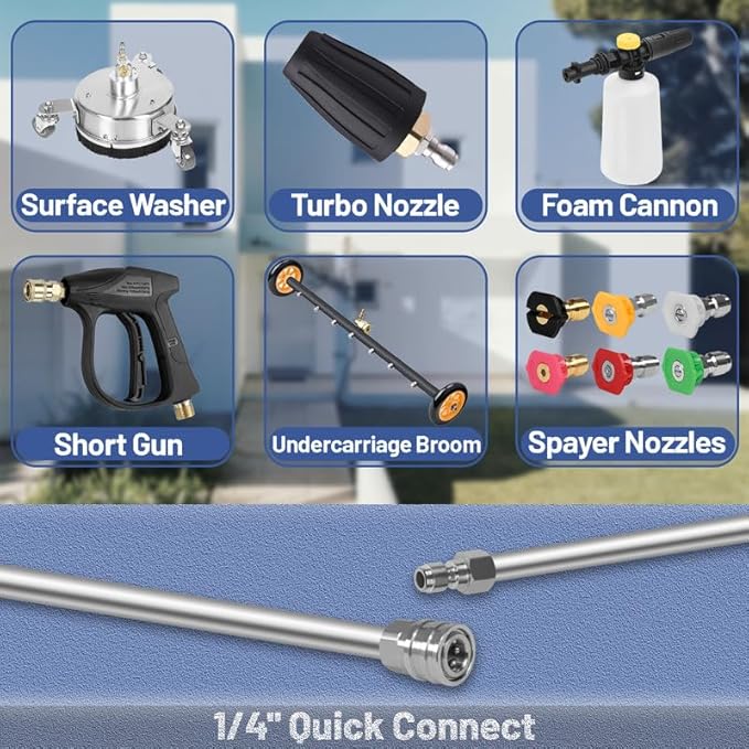 60" Pressure Washer Extension Wand,Stainless Steel Power Washer Wand Extension-Pressure Washer Accessories with 30°/90°/120°Curved Rods,6 Nozzle Tips- 1/4" Quick Connect,4000 PSI