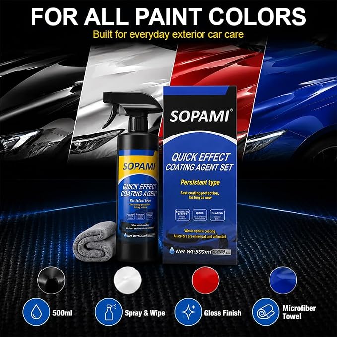 Sopami Ceramic Spray Coating, High Shine Car Wax, 3-in-1 Car Detailer | Waterless Car Wash, Long-lasting Hydrophobic, High Gloss Shine, for Window Glass, Wheels, Trim,17.5 oz with Towel (Pack of 1)