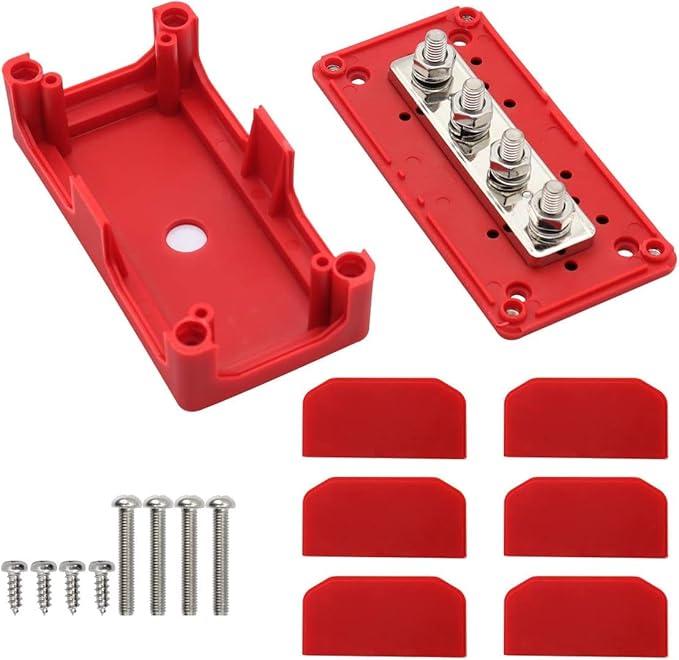 Bus Bar 12V 300A Heavy Duty Module 4 x 5/16" (M8) Posts Power Distribution Blocks, 300 Amp Battery Busbar Positive Powerbar 12 Volt-48V DC for Car Truck RV Solar Boat Marine, Red