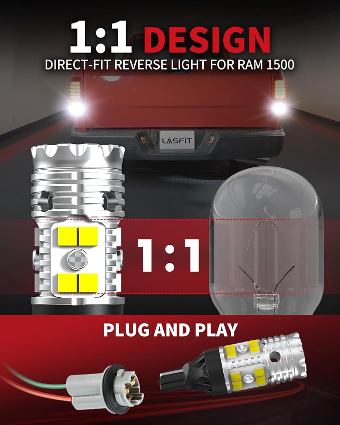 LASFIT 921 LED Reverse Backup Light Bulbs Fit for 2009-2018 Ram 1500 2500 3500 & 2019-2024 Ram 1500 Classic, 6000K Cool White Super Bright OEM 912 W16W T15 Cargo Lights Replacement, 2 pcs