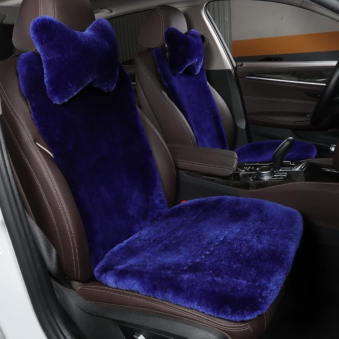 OGLAND Fluffy Fur Sheepskin Car Seat Covers for Universal Soft Cozy Fuzzy Auto Wool Seat Cushions Accessories, for 1 Front Seat (3 Pack Front, Blue)