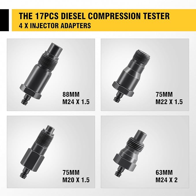 DNA Motoring TU-15B Diesel Engine Compression Gauge Tester with Gauge & Adapters, Cylinder Pressure Meter Teste Tool Kit for Trucks Cars, TOOLS-00336