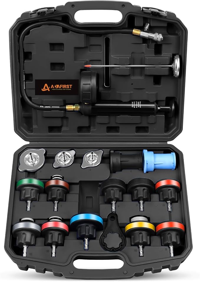 Radiator Pressure Tester Kit, 18PCS Automotive Water Tank Manual Pump Pressure Test Tool and Adapters Work on Cooling System Leak Down Detection for Cars Motorcycles Trucks Airlifts, Black