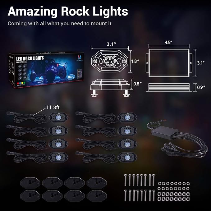 MICTUNING 8 Pods RGB Rock Lights Kit with RF Remote Control IP68 Waterproof | RGB Multi-colors Effect, Freely Adjustable Brightness, Easy to Install, 2-Year Warranty