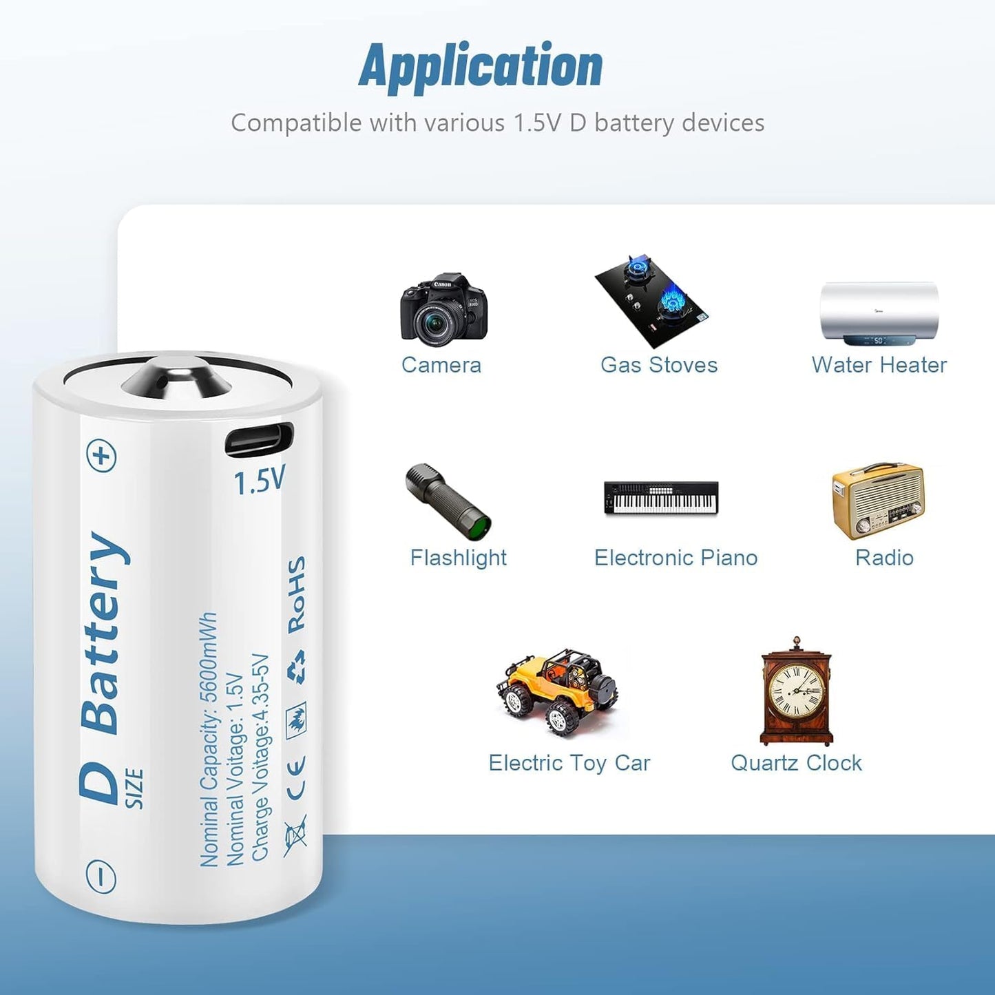 1.5V D Size Cell Battery for Flashlight Toys & floodlight,Lithium D Batteries Rechargeable 8 Pack, Rechargeable D Size Batteries with USB-C 4 in 1 Charging Cable.