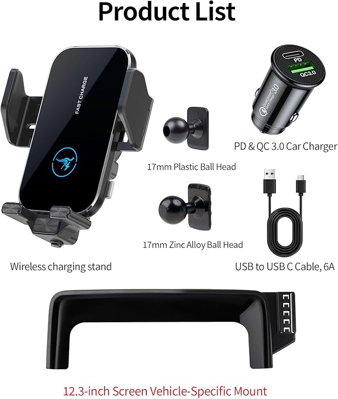 15W Wireless Fast Charger for Mercedes Benz GLC-Class 2023-2026/C-Class 2022-2026 Accessories 12.3 inch Screen Fixed Clip, Auto Accessories Navigation Bracket, 360° Rotation