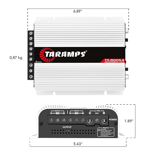 Taramps TS 800x4 Car Audio Multichannel Amplifier 800 Watts Rms 2 Ohms 4 Channel 2 Bridged Channel Full Range Crossover, RCA/High Level Input, Class D