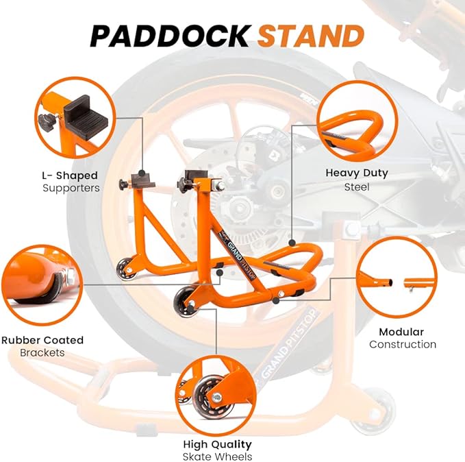 GRAND PITSTOP Motorcycle Stand, Paddock Lift Stand for Rear Wheel with Fork & Swingarm Spool,Weight Capacity 529 lbs/240 Kg's, Dismantable Stand, for Honda Kawasaki Suzuki Motorcycles, Orange