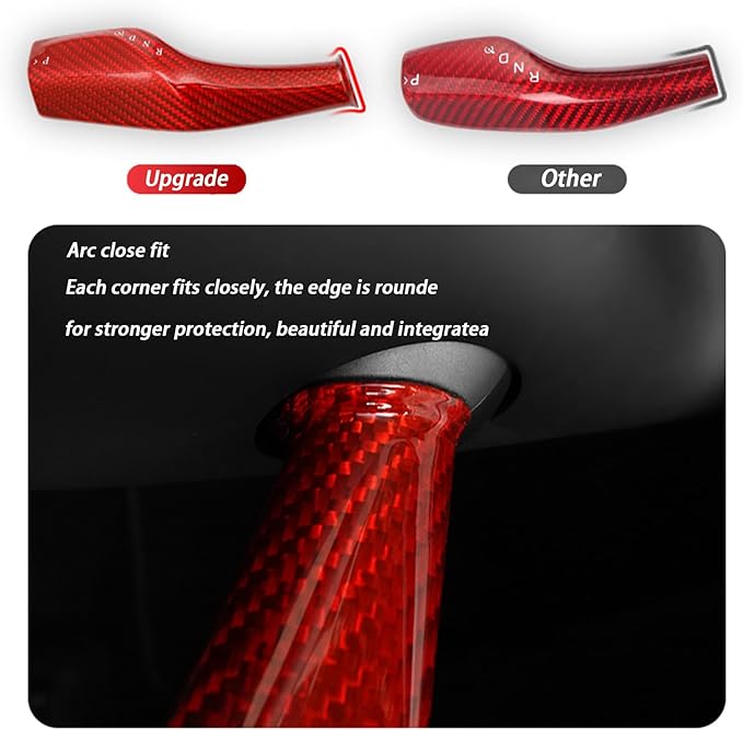Fit Tesla Model 3 Y 2021-2023,Real 3K240G Carbon Fiber Steering Wheel Column Gear Shift Cover Gear Lever Decoration Accessories 2pcs(Premium Mateal) (Gloss Red)