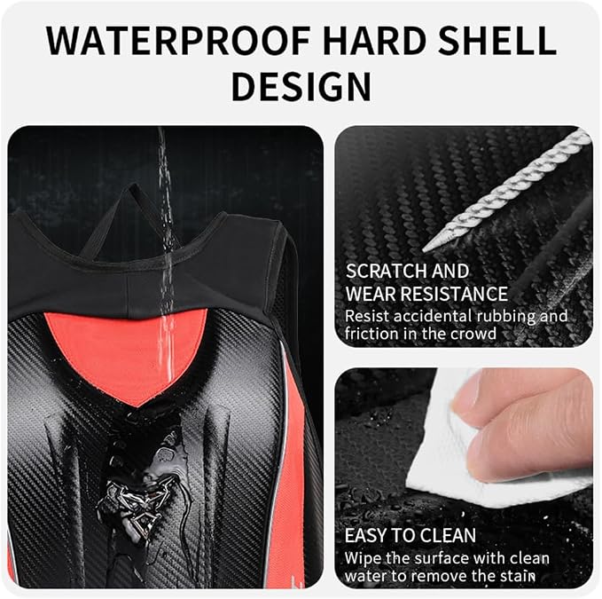 Motorcycle Backpack Waterproof Large Capacity Carbon Fiber Rider Backpack Hard Shell Reflective Motorbike Travel Suitcase Light Version (Red)