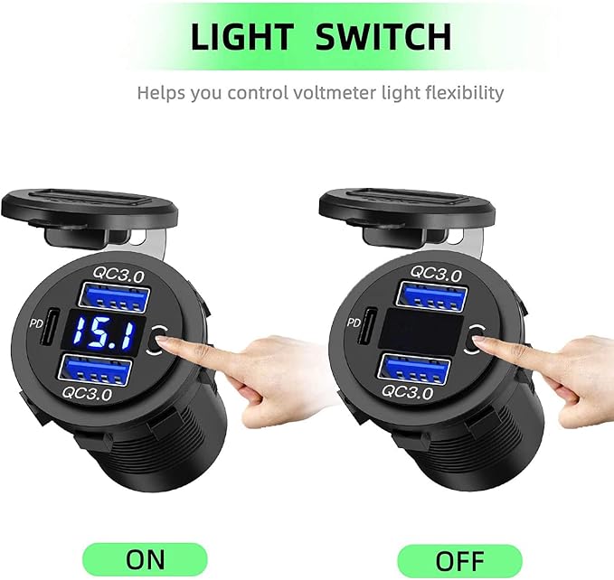 Zennova [5 Pack] 12v USB Outlet, Dual USB Quick Charge 3.0 Port and PD USB C Car Charger Socket Waterproof with Voltmeter and Power Switch for Car Golf Cart Boat Marine Bus Truck RV Marine Motorcycle