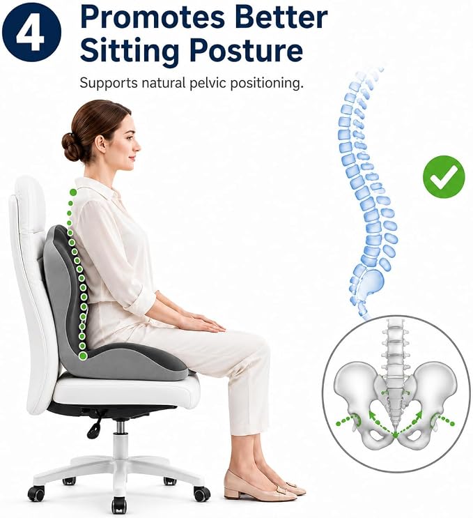 Seat Cushion With Lumbar Support, Extra Thick High Density Ergonomic Seat Cushion For Office Chair And Car Seat, Non-Flattening Memory Foam With Tailbone Pressure Relief And Back Support (Dark Grey)