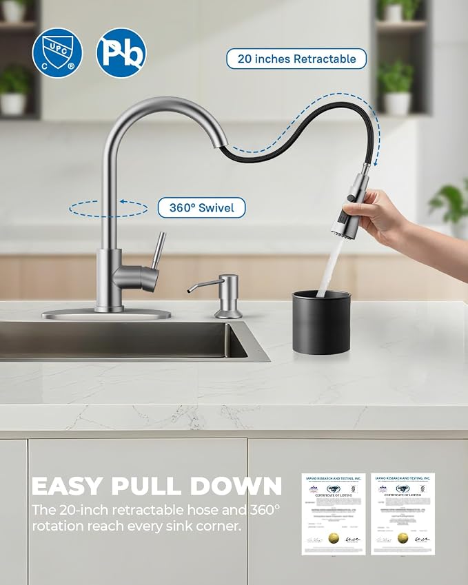 WEWE Kitchen Faucet with Soap Dispenser and Pull Down Sprayer, RV Single Handle Classic 3 Modes Stainless Steel Faucet for Kitchen Sink, RV, Stainless Steel
