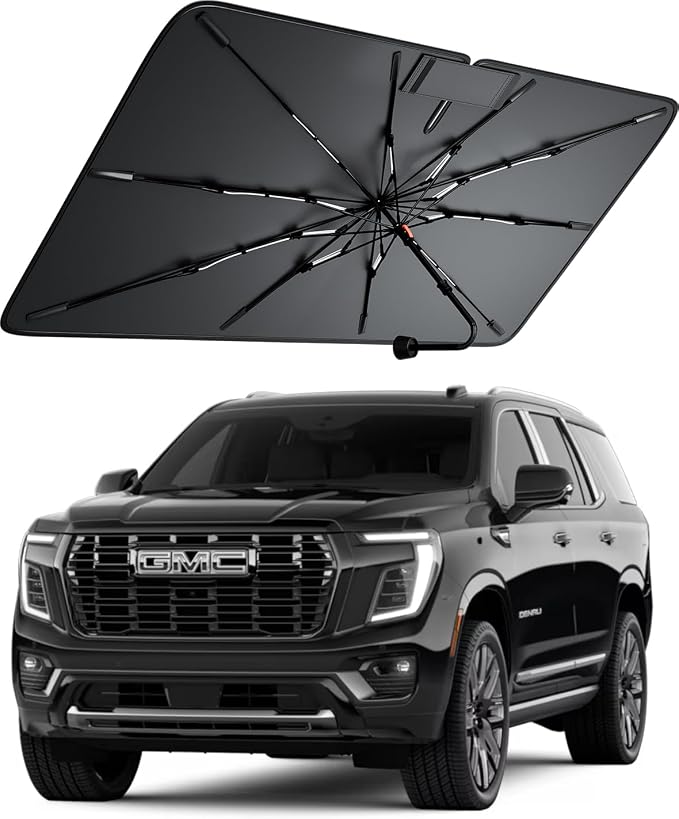 Windshield Sun Shade for GMC Yukon 2000–2026, Foldable Umbrella Sunshade with 100% UV Block, Multi-Layer Heat Insulation, Reinforced 10-Rib Frame, Keeps Car Cooler, Summer Car Accessory