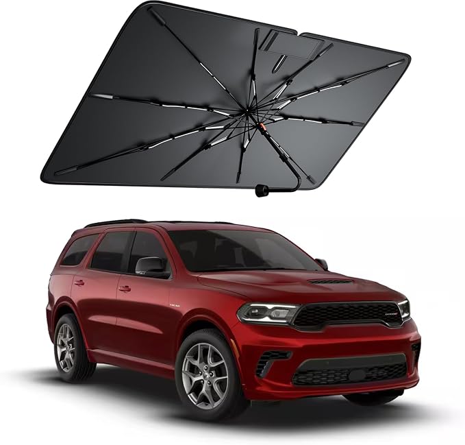Windshield Sun Shade for Dodge Durango 2000–2026, Foldable Umbrella Sunshade with 100% UV Block, Multi-Layer Heat Insulation, Reinforced 10-Rib Frame, Keeps Car Cooler, Summer Car Accessory