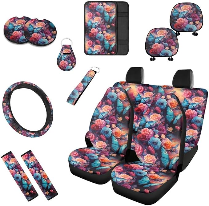 Morpho Menelaus Rose 13 Pieces Seat Covers Accessories Blue Butterfly Flower Steering Wheel Cover Seat Cover Full Set Seat Belt Shoulder Pad Car Cover for Truck SUV