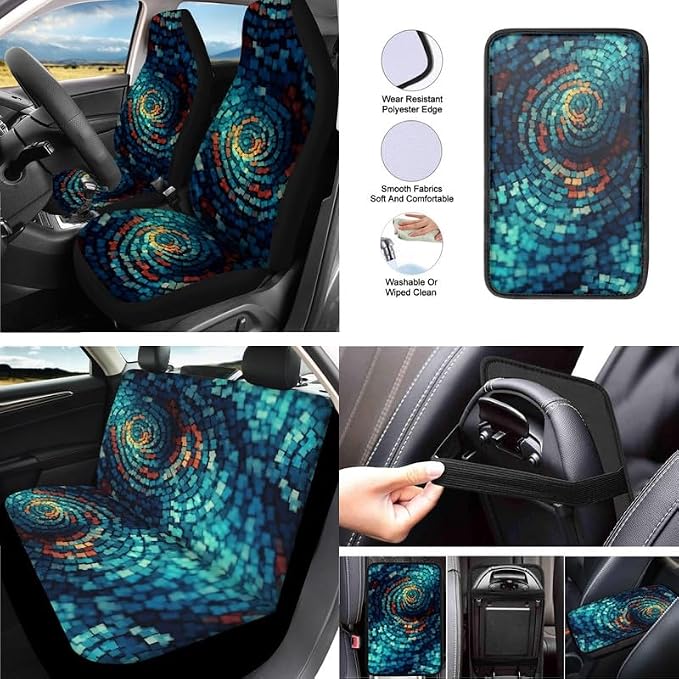 Colorful Geometric Fade Car Seat Cover Universal 13pc Rhombic Ceramic Tile Front Back Seat Covers Bucket Seat Cover for Car, SUV & Truck Car Decor&Coaster