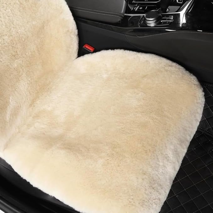 IRIWOOL Fluffy Fur Sheepskin Car Seat Cover Automotive Interior Accessories Seat Covers Accessories Seat Cushions， Soft Natural Pure Wool ，Universal Fits Most Cars SUVs (Pearl, Universal Fit)