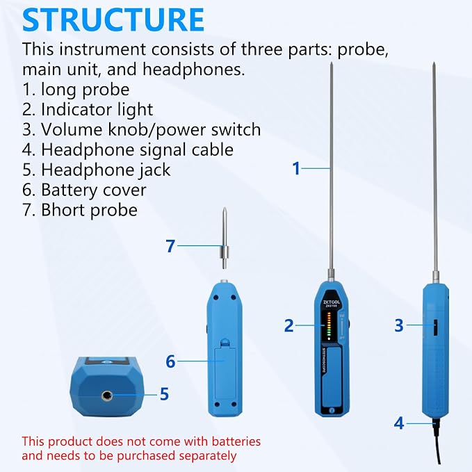 ZKTOOL Automotive Electronic Mechanics Stethoscope Electronic Ear Diagnostic Device Kit EM410, with Short and Long Probe, Headphones, Engine Noise Finder Detector Tester, Frequency Range 20Hz~20KHz