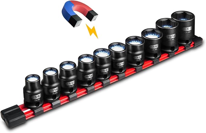BLACKROBOT 1/2" Drive Magnetic Impact Socket Set, 10-Piece Shallow Socket Set with Storage Rail, SAE 3/8" to 1", 6-Point Magnetic Sockets, Cr-Mo Steel